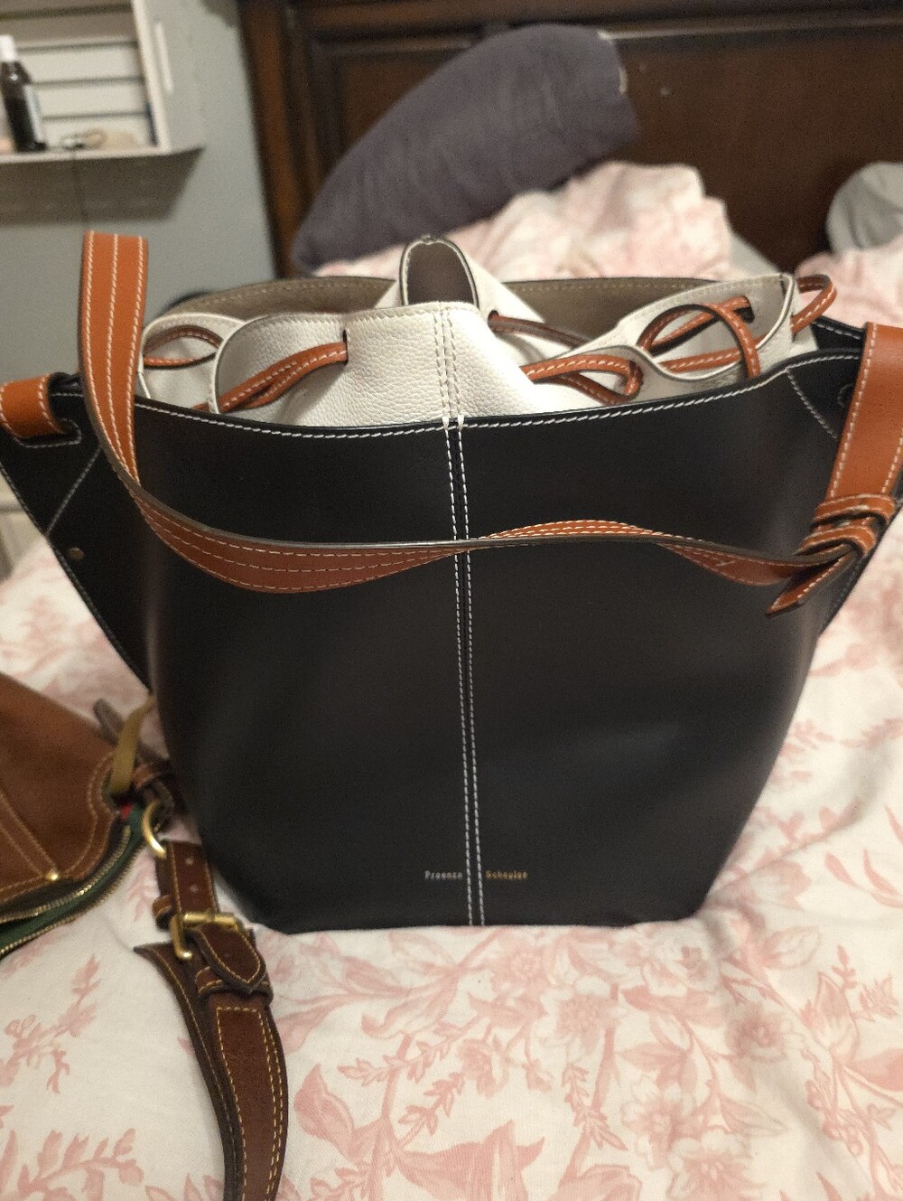 Proenza Schouler Black and Brown Leather Drawstring Bucket Bag with Cream Liner